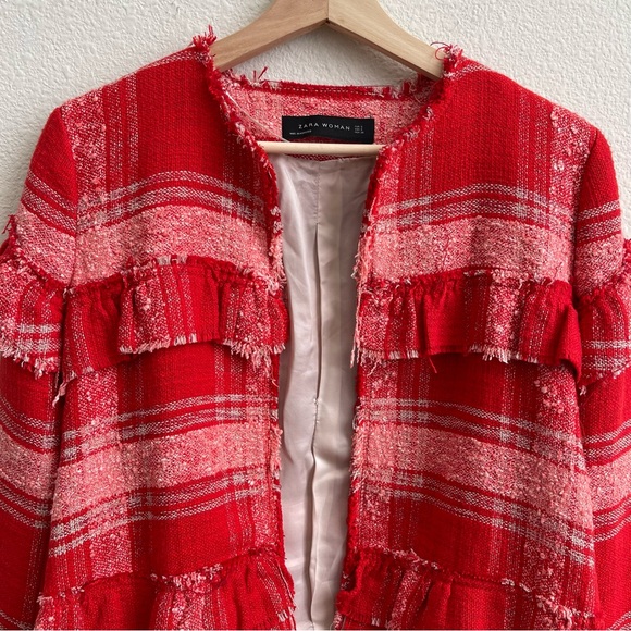 ZARA Red Pink Blogger Favorite Plaid Tweed Fringe Ruffle Cropped Blazer Jacket - Picture 6 of 13